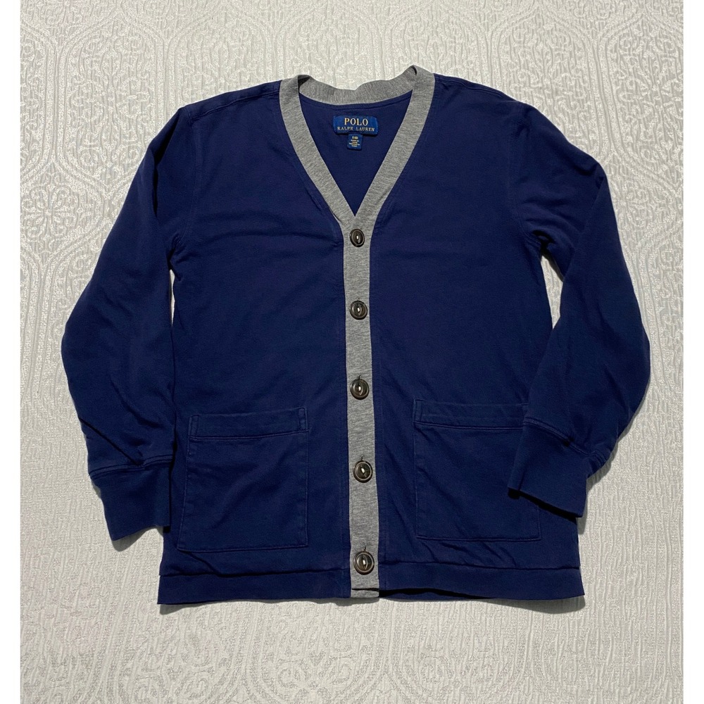 Polo Ralph Lauren Boys Navy Blue Gray V-Neck Button Front Cardigan Sweater S 8